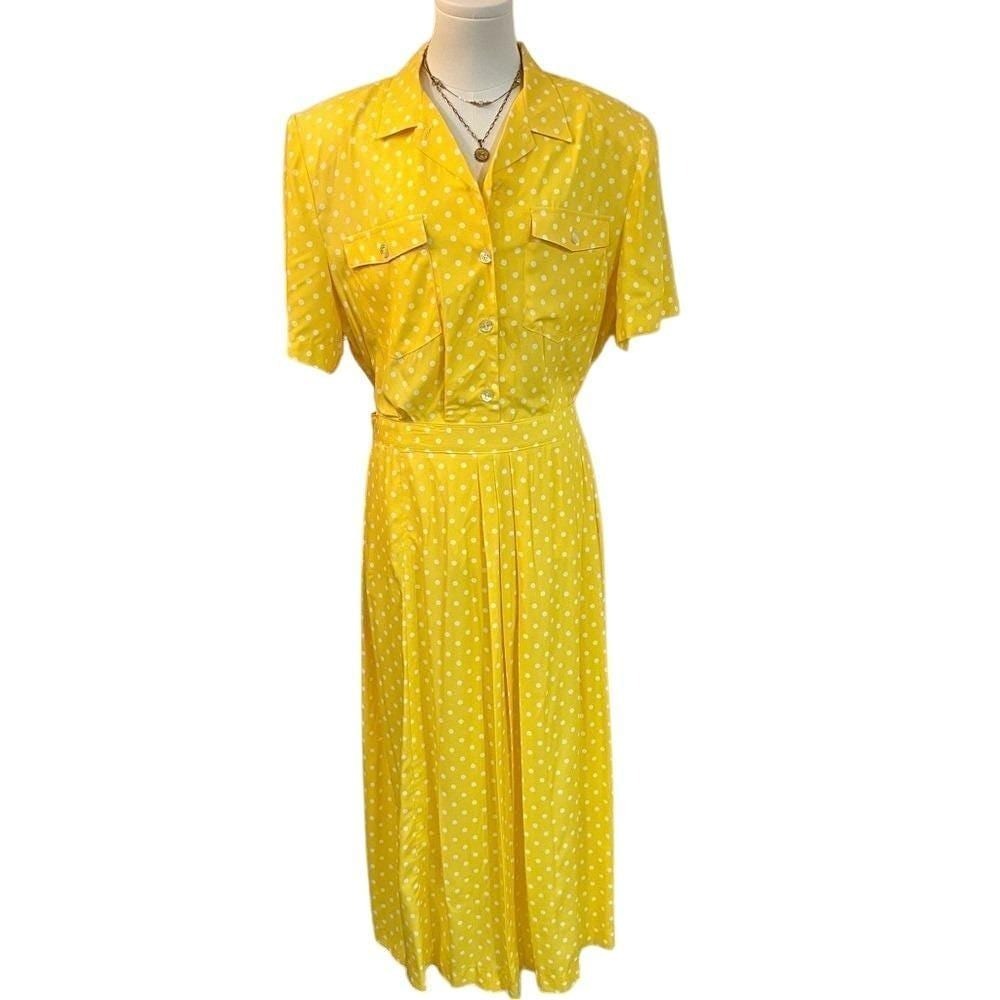 Vintage Carroll Reed Yellow Polka Dot 2 Piece Matching Skirt Pleated Set Midi 16